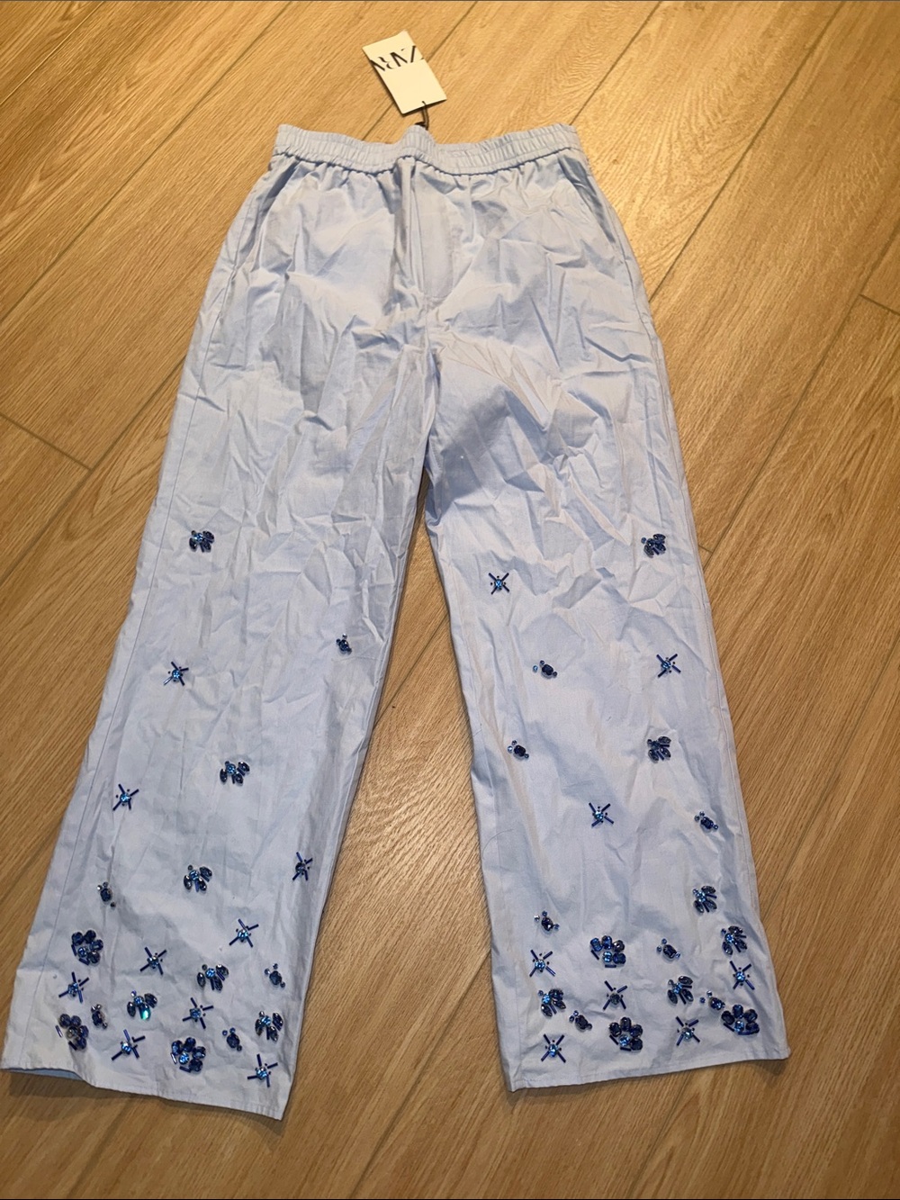 Zara Pale Blue Embellished Wide-Leg Pants